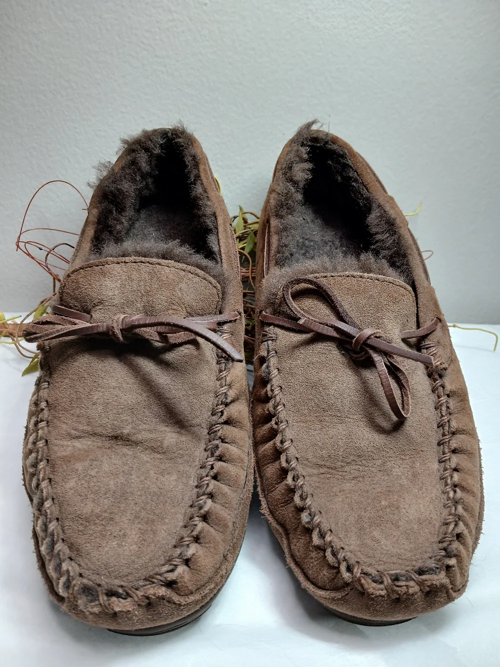 L.L. Bean Brown Suede Moccasin Slip-On Slippers with Faux Fur Lining